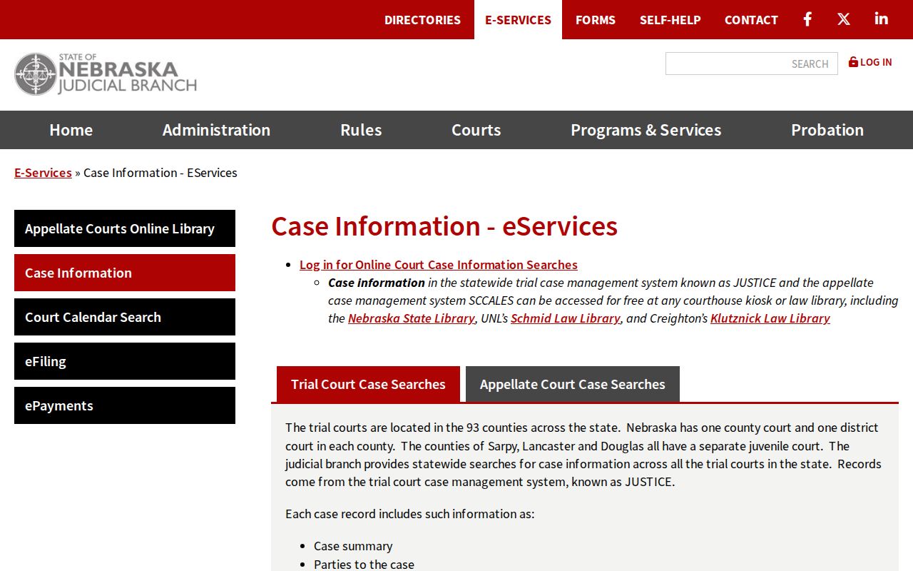 Thurston County case lookup Nebraska JUSTICE case information overview