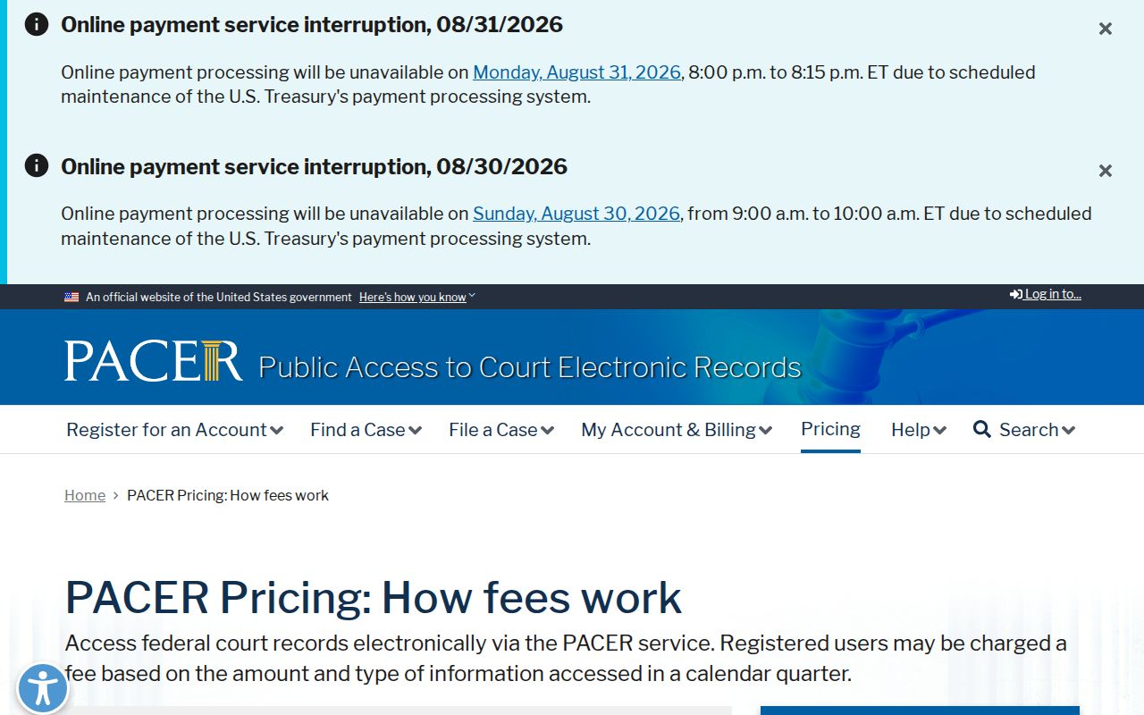 Thurston County court docket PACER federal record pricing information