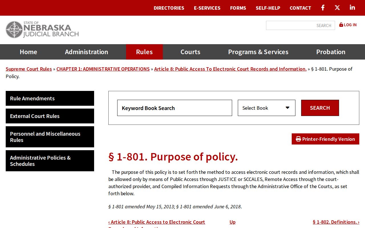 Thurston County Winnebago court docket public access categories under Nebraska Rule 1-801